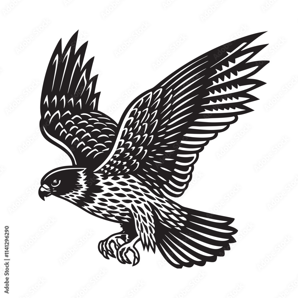 Obraz premium vector linocut Hawk spreads wings