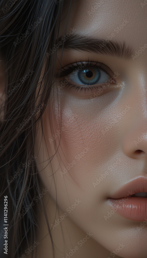 Fototapeta premium Close-up portrait of a woman with captivating blue eyes. The image emphasizes her facial features, soft makeup, and serene expression.
