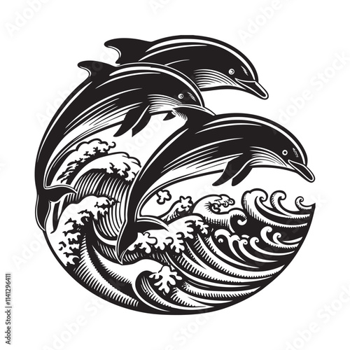 vector linocut Three dolphins jump in the waves