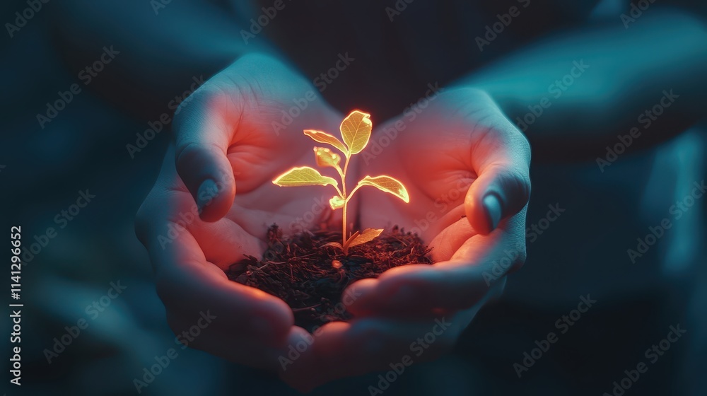 Fototapeta premium A pair of hands gently holds a small plant sprouting from dark soil, illuminated by a soft glow, symbolizing care and growth.
