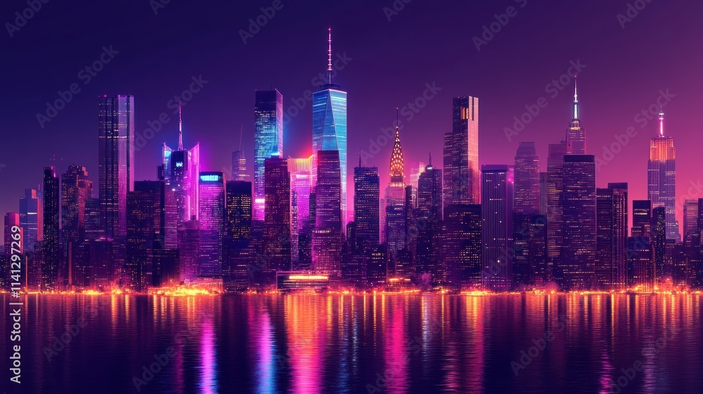 Obraz premium Vibrant city skyline at night, reflecting on water.