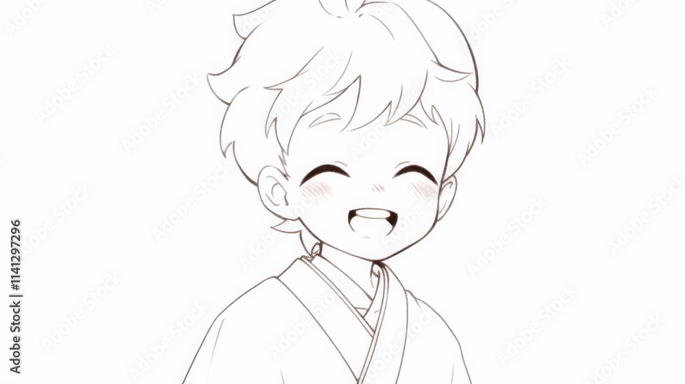 Minimalist vector style of a little boy in ancient Chinese clothing, with a big smile and a childish face, featuring bold black and white lines, period costume, and high-definition graphic design. Minimalist vector style of a little boy in ancient Chinese clothing, with a big smile and a childish face, featuring bold black and white lines, period costume, and high-definition graphic design.