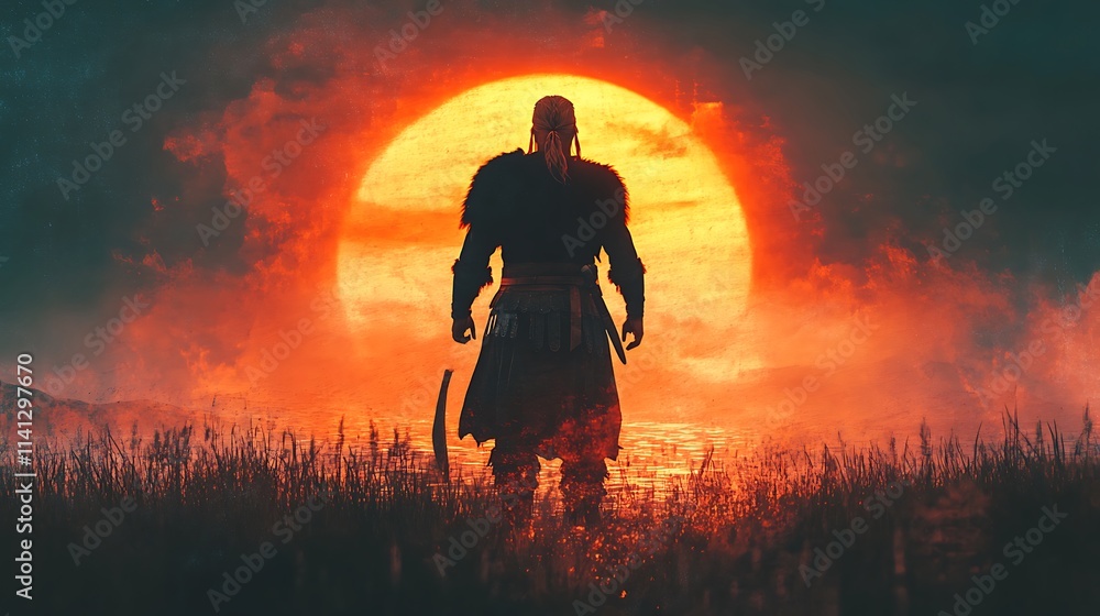 Fototapeta premium Silhouetted warrior stands before a fiery sunset, holding a sword.