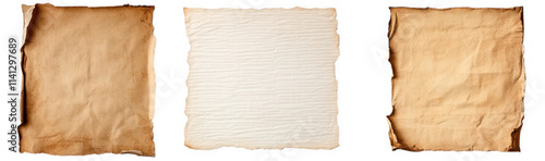 three burnt paper sheets isolated on transparent background. two have brown and one white color