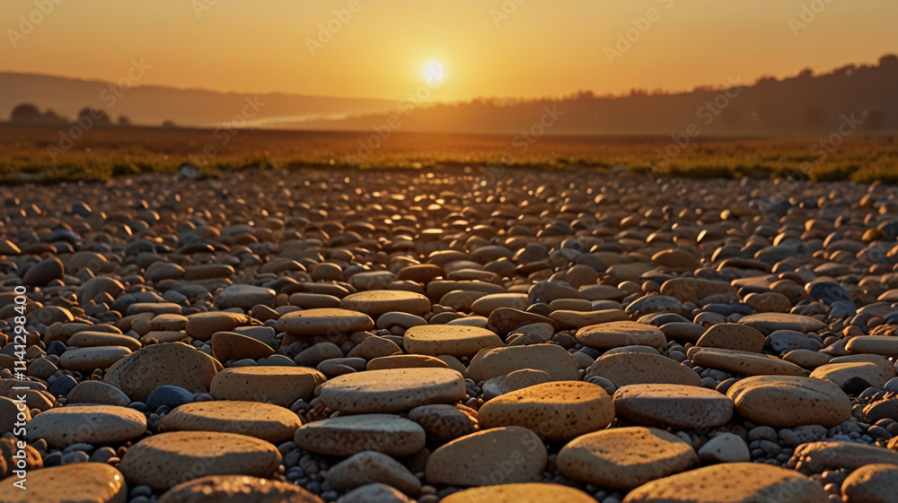 Obraz premium Coastal Harmony: The Sun Sets over a Calm Sea, Framed by Smooth Stones on a Tranquil Shoreline.