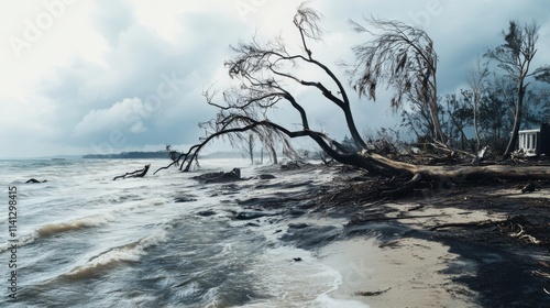 Storm-damaged coastline with bare trees and turbulent waves. photo