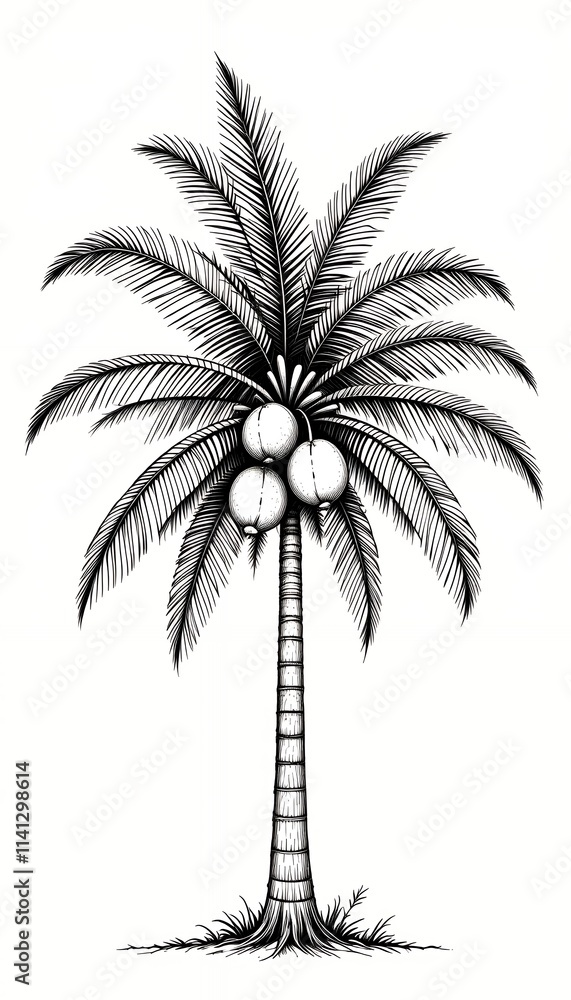 Obraz premium Black and white drawing of a coconut palm tree. This detailed artwork captures the essence of tropical serenity.