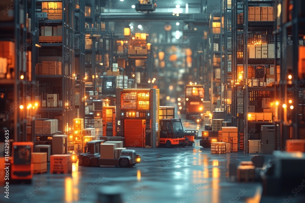 Low-Poly Warehouse Scene with Stacked Boxes and Vehicles in Modern 3D Design Low-Poly Warehouse Scene with Stacked Boxes and Vehicles in Modern 3D Design