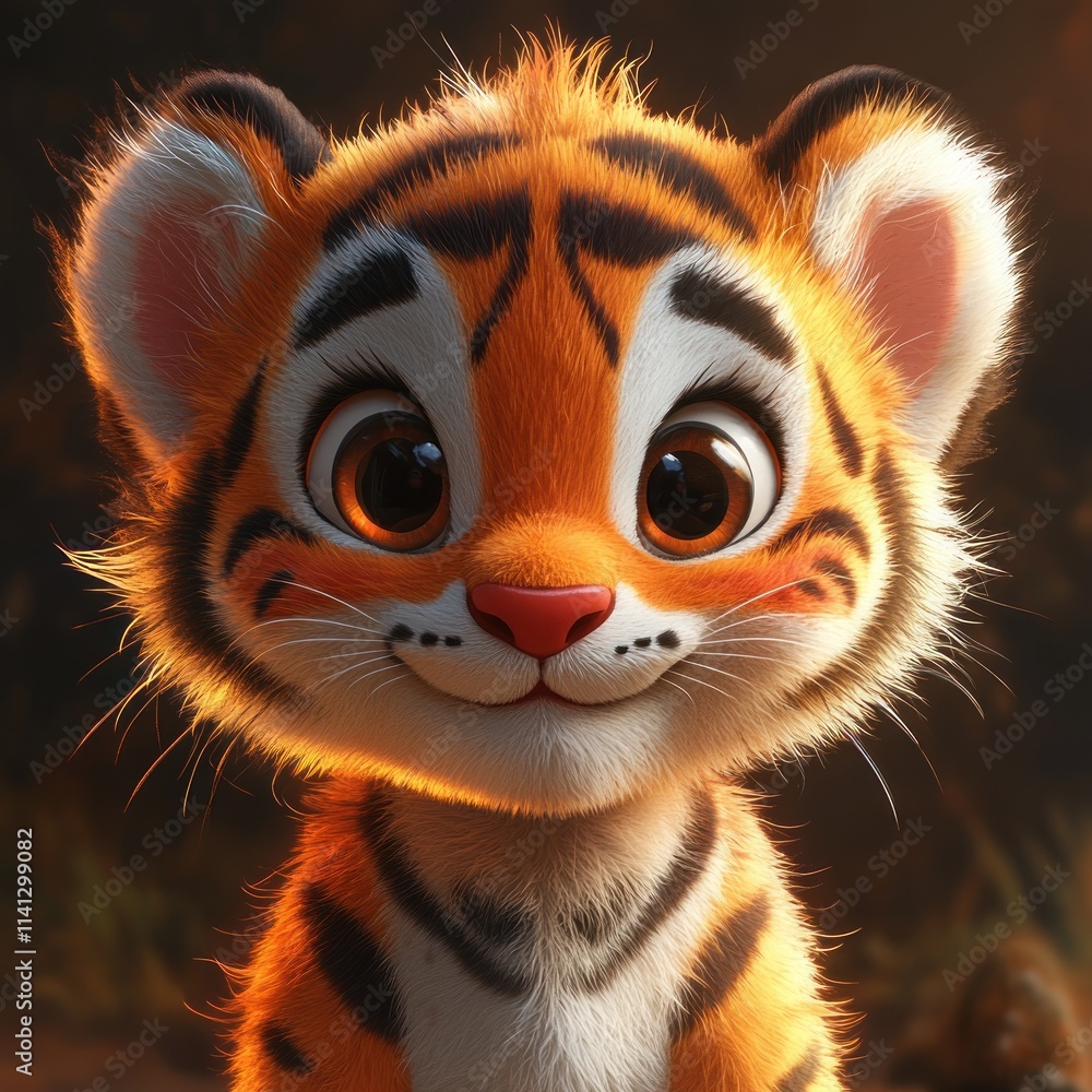 Cute Cartoon Tiger 3D Animation in Playful Style with Warm Glow and Minimal Background Cute Cartoon Tiger 3D Animation in Playful Style with Warm Glow and Minimal Background