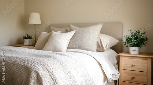 A clean and bright Scandinavian-inspired bedroom featuring a neutral color palette, a neatly made bed with soft linens, a wooden nightstand, and a small potted plant for a fresh and peaceful 