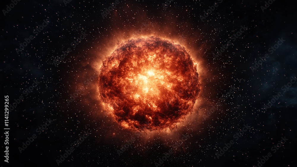 Fototapeta premium galactic center energy concept. A fiery star illuminates the cosmos, surrounded by a backdrop of twinkling stars and cosmic dust, showcasing the beauty of the universe.