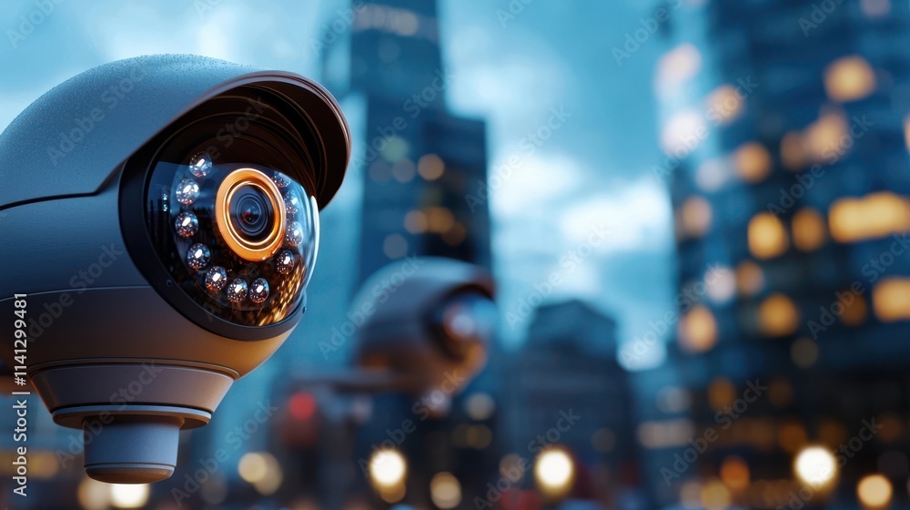 Surveillance closely monitoring the night scene of an urban landscape with illuminated skyscrapers and buildings reflecting in the glass surface Surveillance closely monitoring the night scene of an urban landscape with illuminated skyscrapers and buildings reflecting in the glass surface