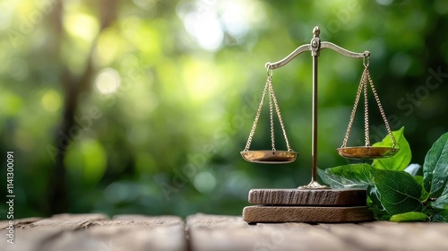 Balanced scales of justice on natural green blurred background concept of law fairness and objectivity in legal system and decision making process photo