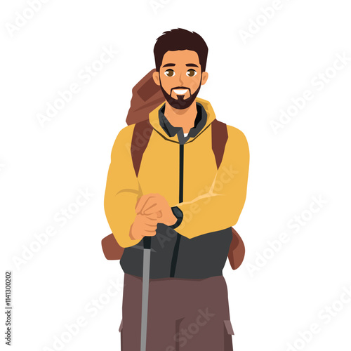 Young happy healthy man hiking tourist with a backpack. Flat Vector character illustration