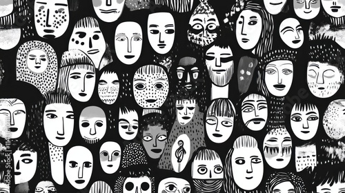 A captivating collection of diverse faces illustrated in black and white, showcasing unique expressions. photo