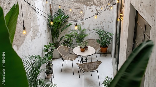 A compact urban balcony design isolated on white, featuring a small outdoor table with chairs, potted plants, and string lights. The cozy space reflects modern living, greenery, and relaxation 