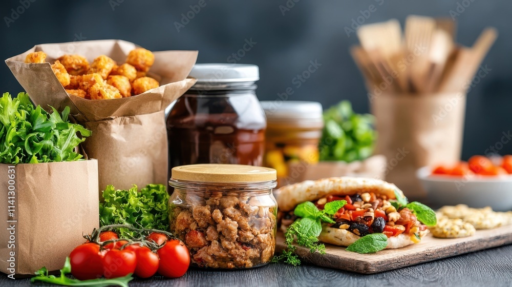 Assortment of fresh wholesome ingredients including vegetables fruits grains and proteins along with prepared foods like sandwiches and salads on a rustic wooden table Assortment of fresh wholesome ingredients including vegetables fruits grains and proteins along with prepared foods like sandwiches and salads on a rustic wooden table