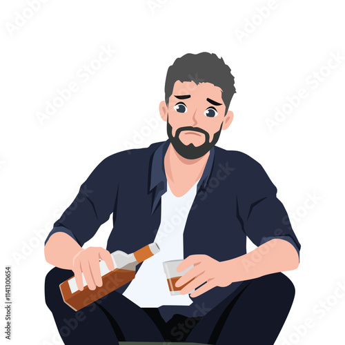 Sad man with glass of whiskey experiences alcohol addiction due to failures in personal life. Flat Vector character illustration