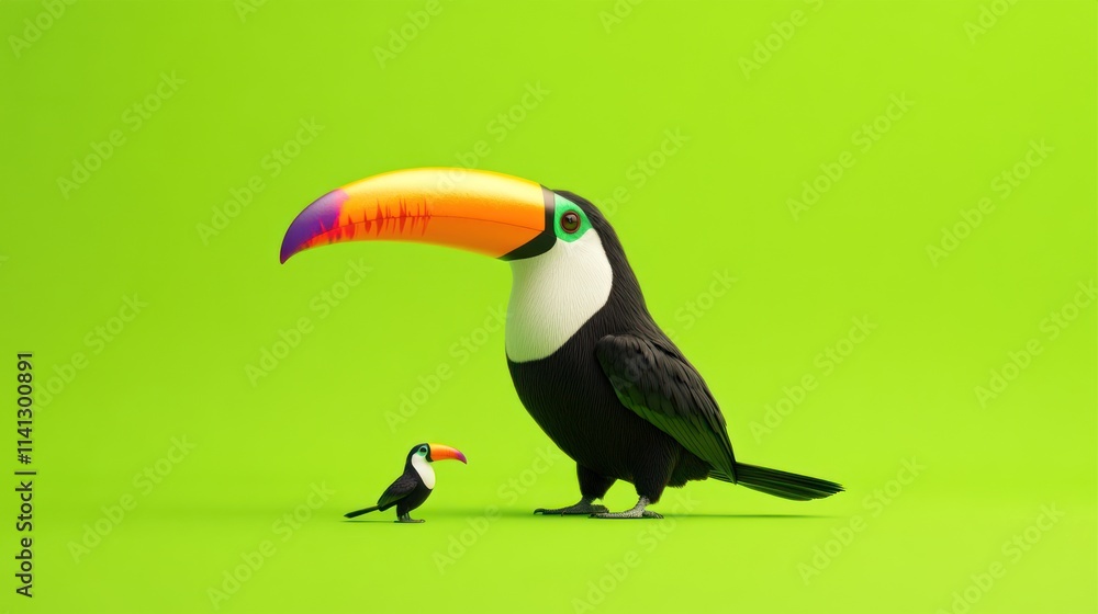 Naklejka premium Two cartoon toucans on a bright green background.