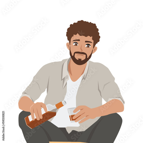 Sad guy with glass of whiskey experiences alcohol addiction due to failures in personal life. Flat Vector character illustration