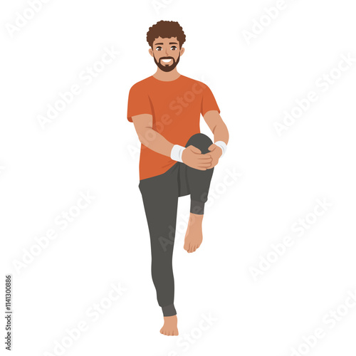 Man lifting the left knee up and using both hands to support knee,bring close to the chest. Flat Vector character illustration