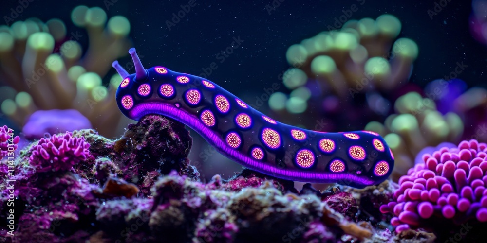 Glowing Sea Slug on Coral Reef Underwater Wildlife Scene Glowing Sea Slug on Coral Reef Underwater Wildlife Scene