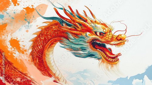 Chinese dragon with horns close-up on white background, stylish illustration photo