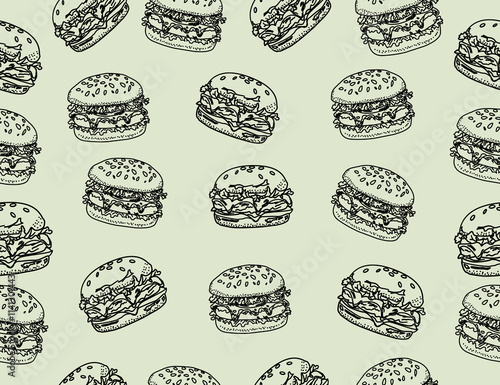 doodle burger pattern background. doodle fast food burger seamless pattern background. seamless pattern of hamburger in doodle style. Seamless Pattern of a Cheese Burger or Hamburger.