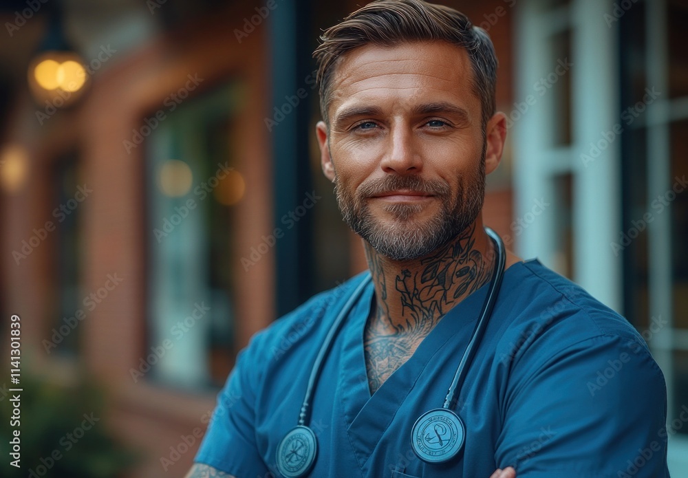 Confident Doctor in Scrubs Outside Modern Hospital Balancing Work and Life Confident Doctor in Scrubs Outside Modern Hospital Balancing Work and Life