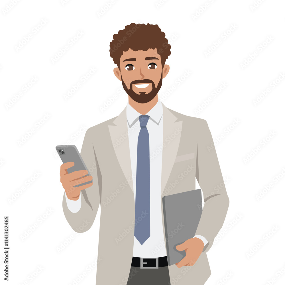 Young businessman holding phone and carrying laptop. Flat Vector character illustration Young businessman holding phone and carrying laptop. Flat Vector character illustration
