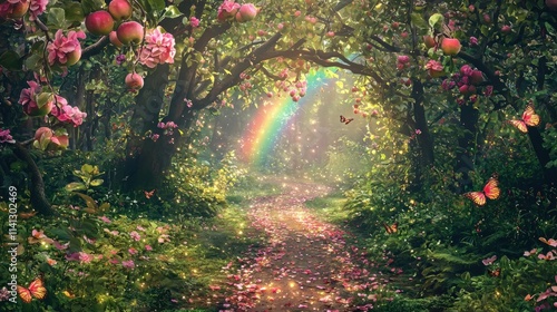 Enchanted Apple Orchard Path With Rainbow And Butterflies photo