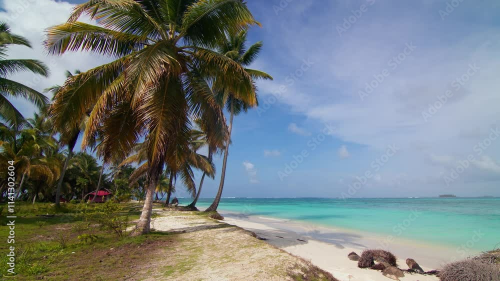 A serene and untouched white sand beach with turquoise water on a remote tropical island. Shot in San Blas Islands, Panamá (Islas de San Blas, Panamá)