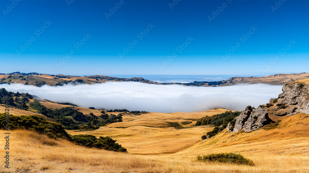 A stunning landscape featuring rolling hills and a sea of clouds under a clear blue sky, creating a serene and picturesque natural scene A stunning landscape featuring rolling hills and a sea of clouds under a clear blue sky, creating a serene and picturesque natural scene