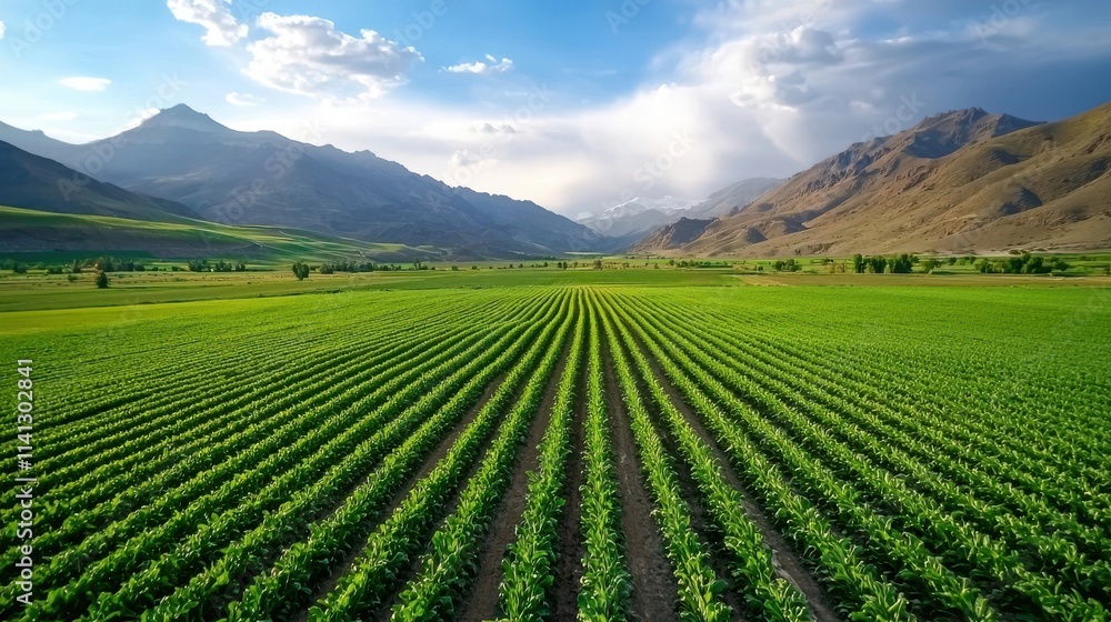 Lush and expansive green agricultural field stretching out towards distant snow capped mountains under a dramatic cloudy sky Lush and expansive green agricultural field stretching out towards distant snow capped mountains under a dramatic cloudy sky