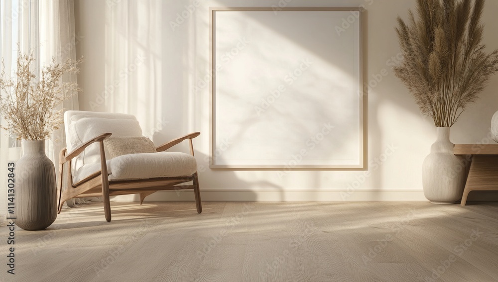 Sunlight Streams into Modern Room with Wooden Chair, Neutral Decor, and Elegant Vases, Creating a Serene Atmosphere. Sunlight Streams into Modern Room with Wooden Chair, Neutral Decor, and Elegant Vases, Creating a Serene Atmosphere.