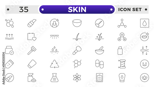 Skin care Outline icons set. Moisture cream, acid, anti wrinkle serum, ceramide, collagen, retinol compound, sunscreen vector illustration.
