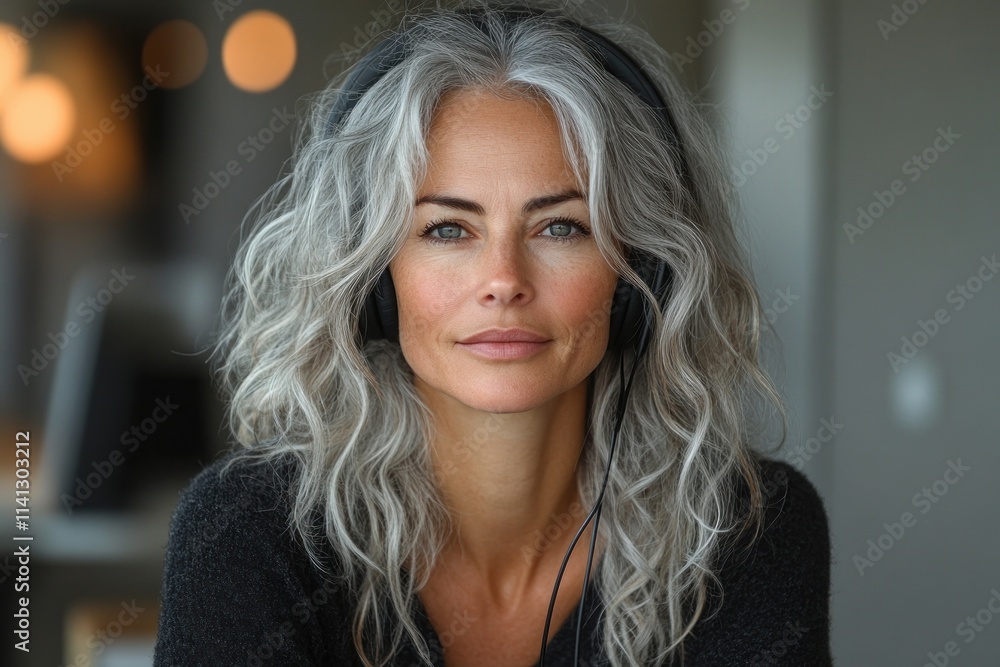 Happy middle aged woman with curly gray hair wearing headphones at desk talking to client in modern office setting Happy middle aged woman with curly gray hair wearing headphones at desk talking to client in modern office setting