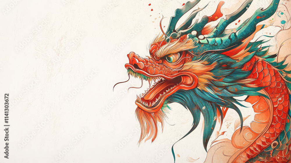 Fototapeta premium Chinese dragon with horns close-up on white background, stylish illustration