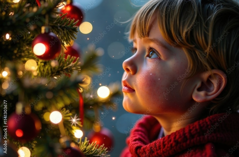 close-up face of a child looking at a Christmas tree