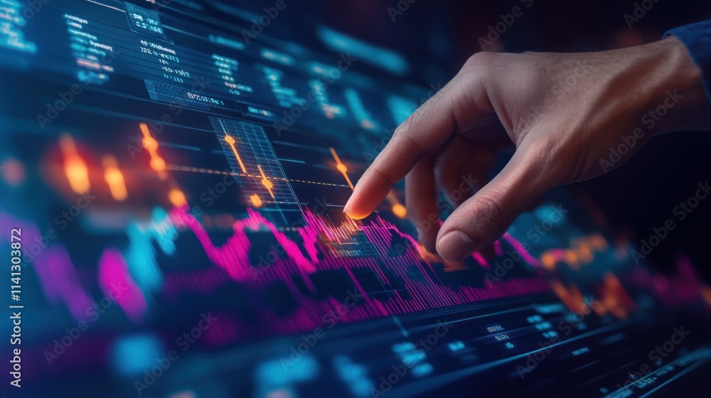 Hand interacting with financial data on a screen. Hand interacting with financial data on a screen.