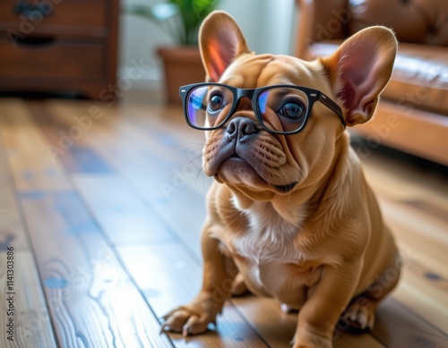 A charming brown French Bulldog puppy sits proudly, bespectacled in sleek black frames, amidst a blurred wooden backdrop