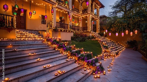 A stunning Diwali home exterior decorated with strings of fairy lights, vibrant lanterns hanging from balconies, and steps lined with glowing diyas creating a warm and inviting festive ambiance.  photo