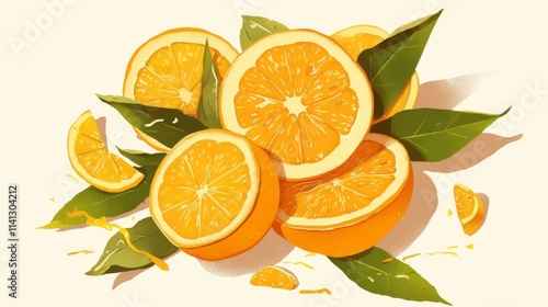 Illustration of orange fruit with peeling skin and leaves, sketched in a detailed vector design, showcasing the natural texture and freshness.