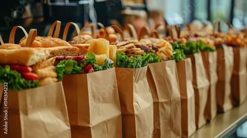 Lunch bags filled with assorted sandwiches and snacks. photo