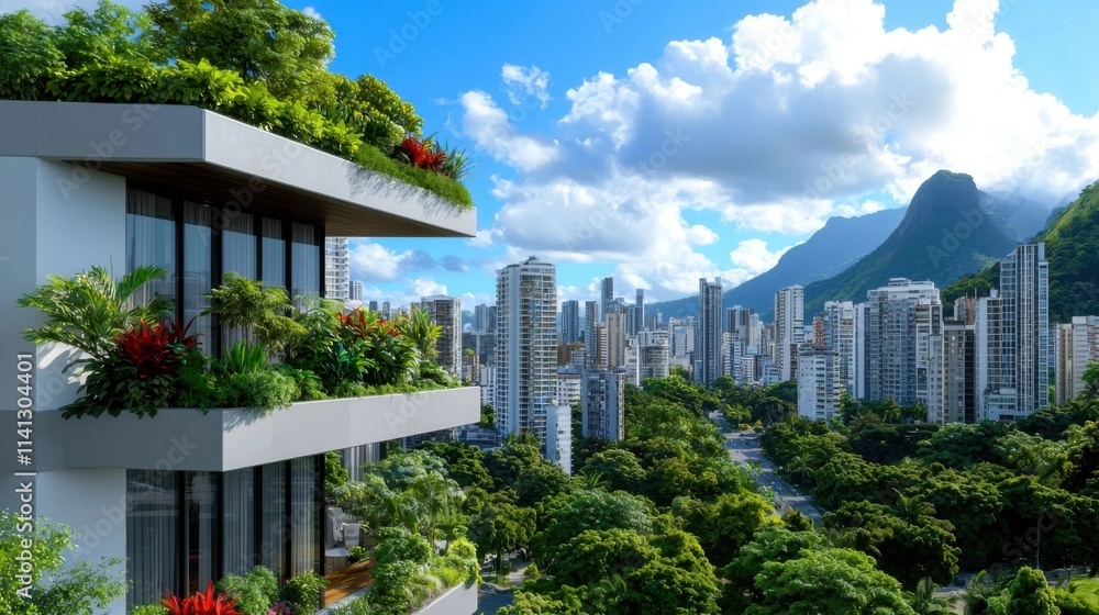 Fototapeta premium Breathtaking panoramic view of the iconic high rise buildings and skyscrapers that make up the vibrant urban skyline of a tropical metropolis