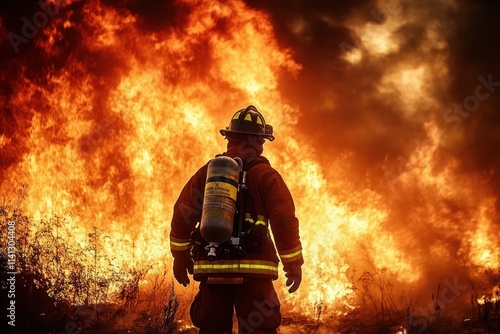 firefighter confronting raging flames in emergency situation wearing protective suit and helmet photo