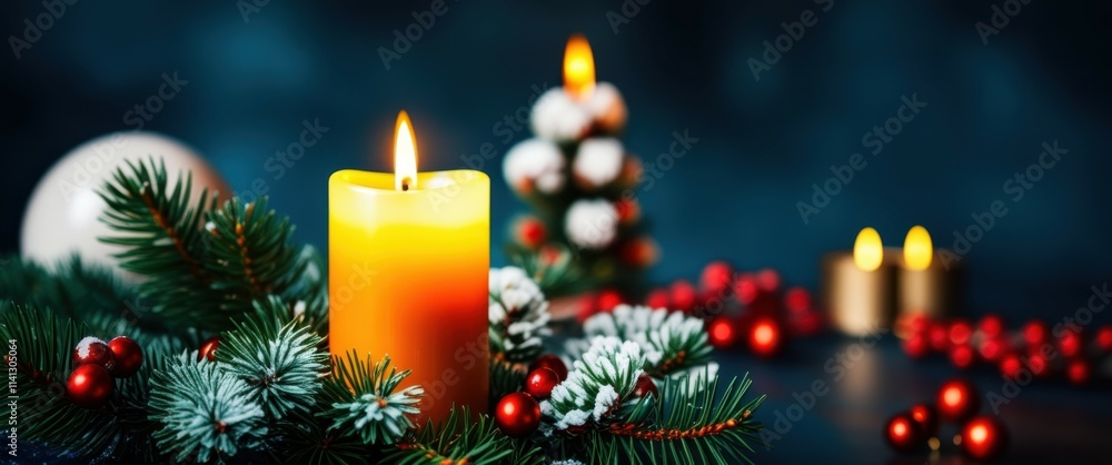 A close-up photograph of a festive holiday scene featuring three lit candles and a garland of pine branches adorned with red berries and snow. The candles are in varying stages of burn, with the one o A close-up photograph of a festive holiday scene featuring three lit candles and a garland of pine branches adorned with red berries and snow. The candles are in varying stages of burn, with the one o