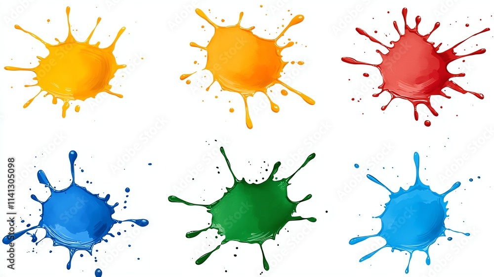 A vibrant collection of colorful paint splashes in yellow, orange, red, blue, green, and blue, showcasing creativity and artistic expression. A vibrant collection of colorful paint splashes in yellow, orange, red, blue, green, and blue, showcasing creativity and artistic expression.