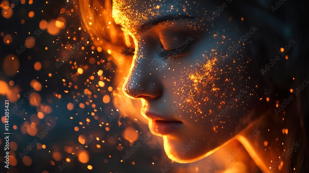Fiery Woman Portrait: Glowing Embers and Dark Beauty Fiery Woman Portrait: Glowing Embers and Dark Beauty
