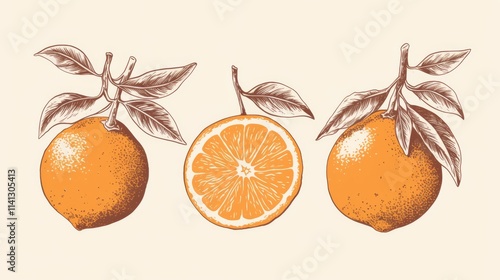 Illustration of orange fruit with peeling skin and leaves, sketched in a detailed vector design, showcasing the natural texture and freshness.